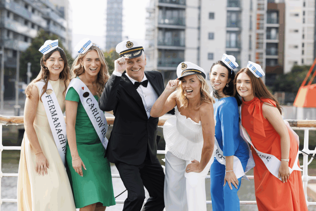 RTÉ Presenters Daithi O Se and Kathryn Thomas are pictured with 4 of the 2025 Rose of Tralee contestants aboard the MV Cill Airne boat in Dublin